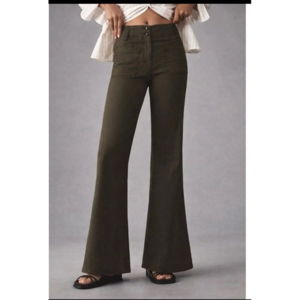 Anthropologie MAEVE  Pants the Junie Jean Size 25 Green High Rise Flare Leg Boho